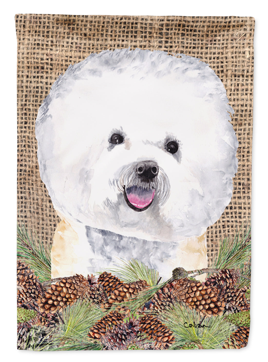 Bichon Frise Faux Burlap and Pine cones House Flag 28x40 Porch Sleeve Pole Decorative Outside Yard Banner Artwork Wall Hanging, Polyester