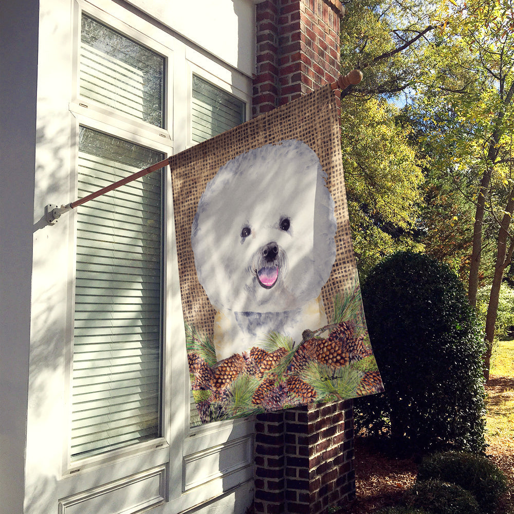 Bichon Frise Faux Burlap and Pine cones House Flag 28x40 Porch Sleeve Pole Decorative Outside Yard Banner Artwork Wall Hanging, Polyester
