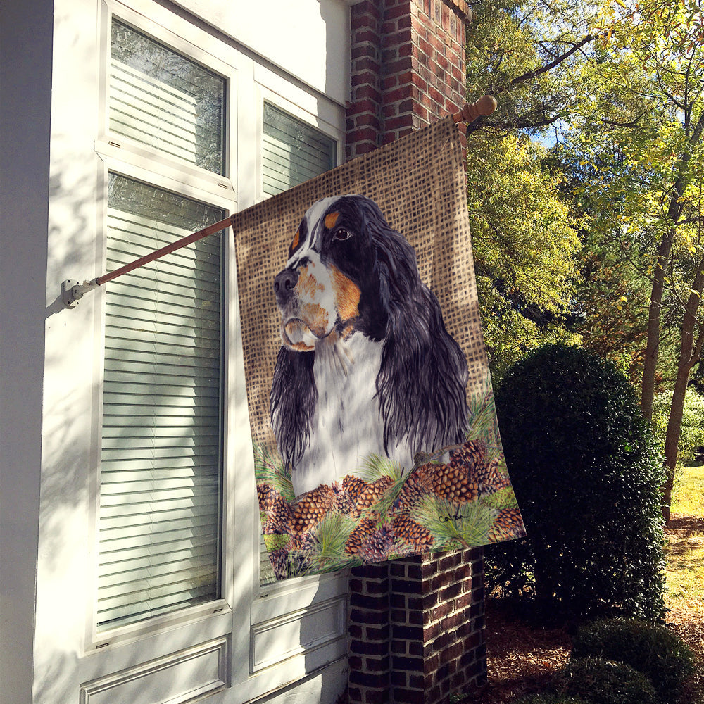Springer Spaniel Faux Burlap and Pine cones House Flag 28x40 Porch Sleeve Pole Decorative Outside Yard Banner Artwork Wall Hanging, Polyester
