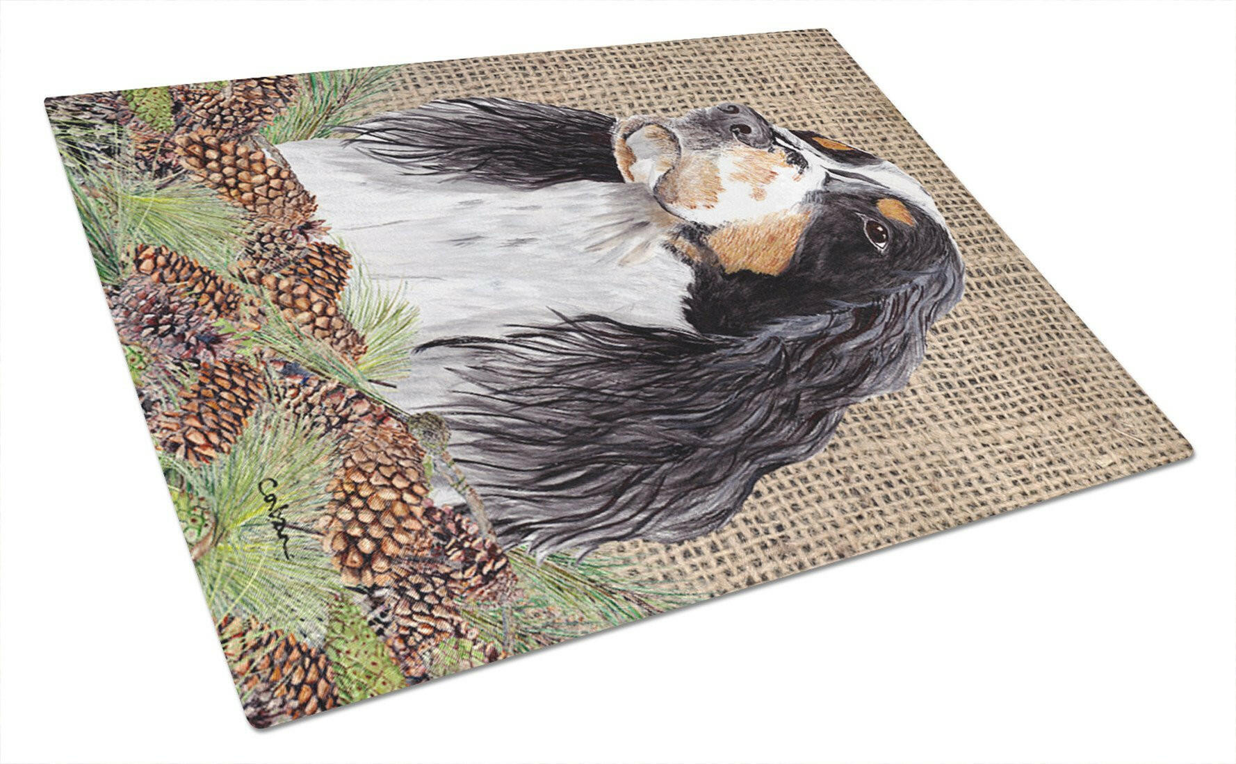 Springer Spaniel Faux Burlap and Pine cones Cutting Board Tempered Glass Kitchen Cutting Surface, Heat Resistant Chopping, Non-Slip Feet, Food Prep & Serving