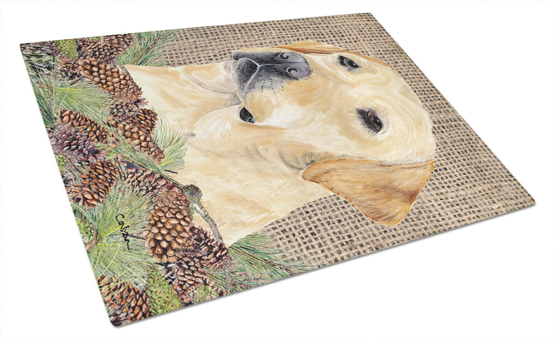 Labrador Faux Burlap and Pine cones Cutting Board Tempered Glass Kitchen Cutting Surface, Heat Resistant Chopping, Non-Slip Feet, Food Prep & Serving