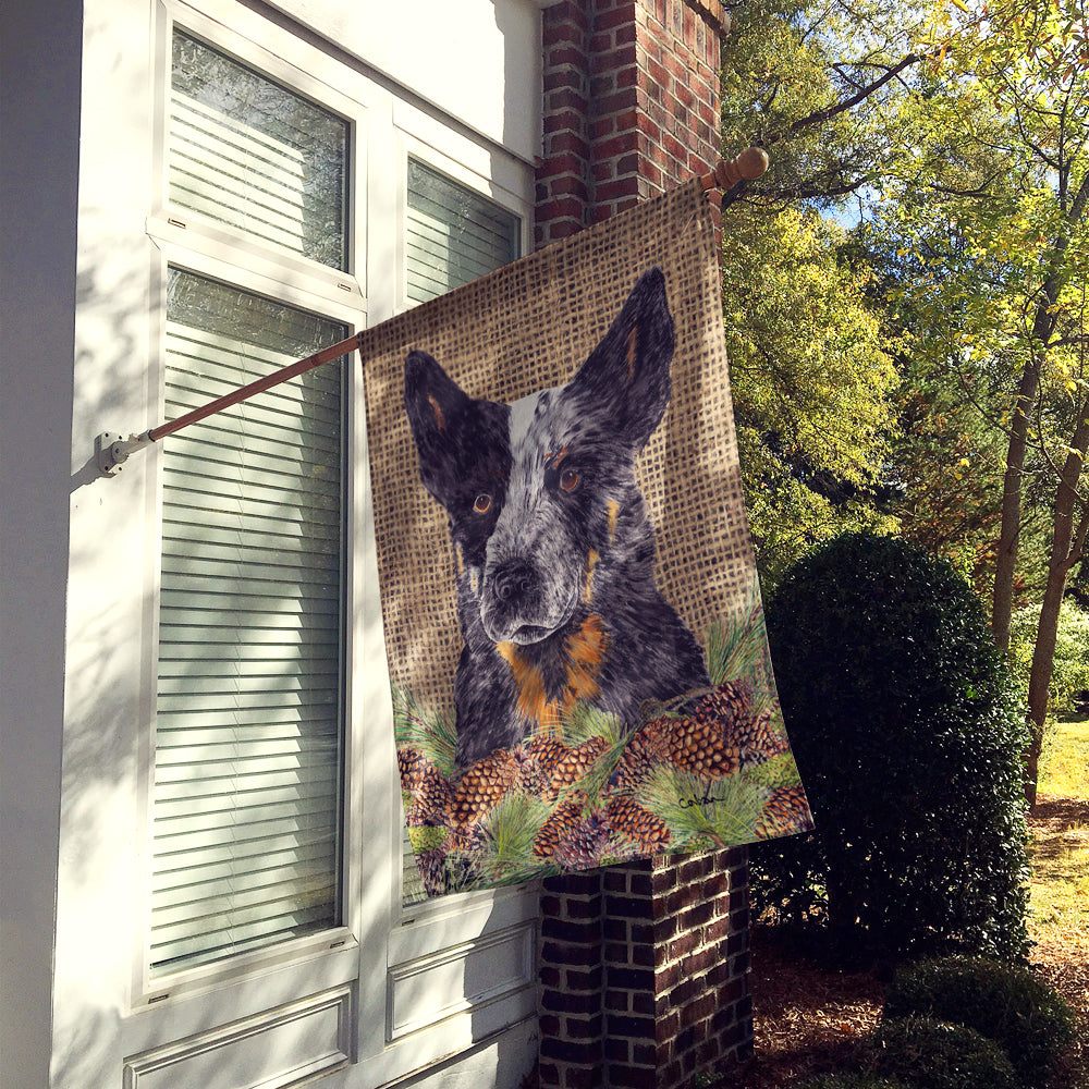 Australian Cattle Dog Faux Burlap and Pine cones House Flag 28x40 Porch Sleeve Pole Decorative Outside Yard Banner Artwork Wall Hanging, Polyester