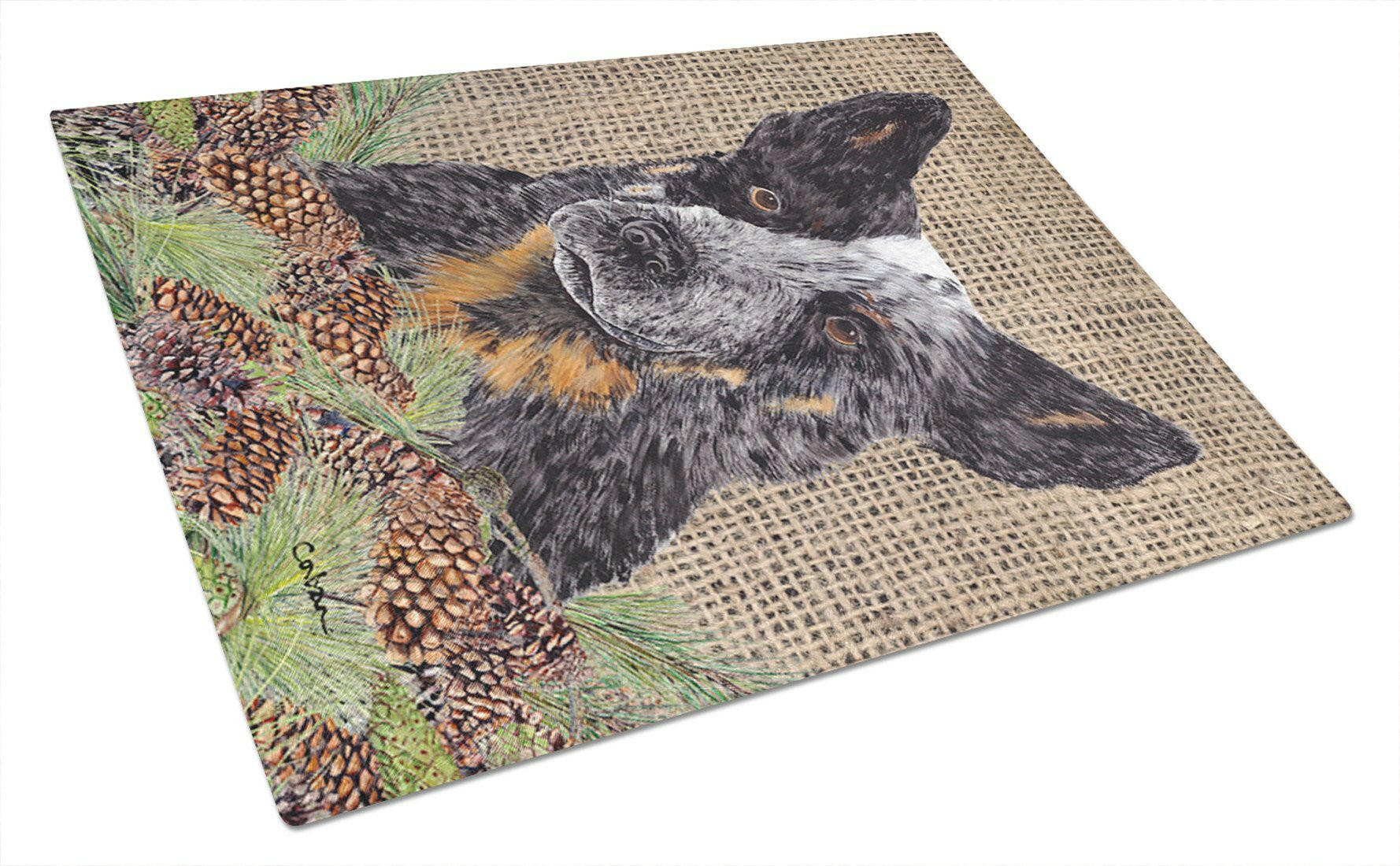 Australian Cattle Dog Faux Burlap and Pine cones Cutting Board Tempered Glass Kitchen Cutting Surface, Heat Resistant Chopping, Non-Slip Feet, Food Prep & Serving