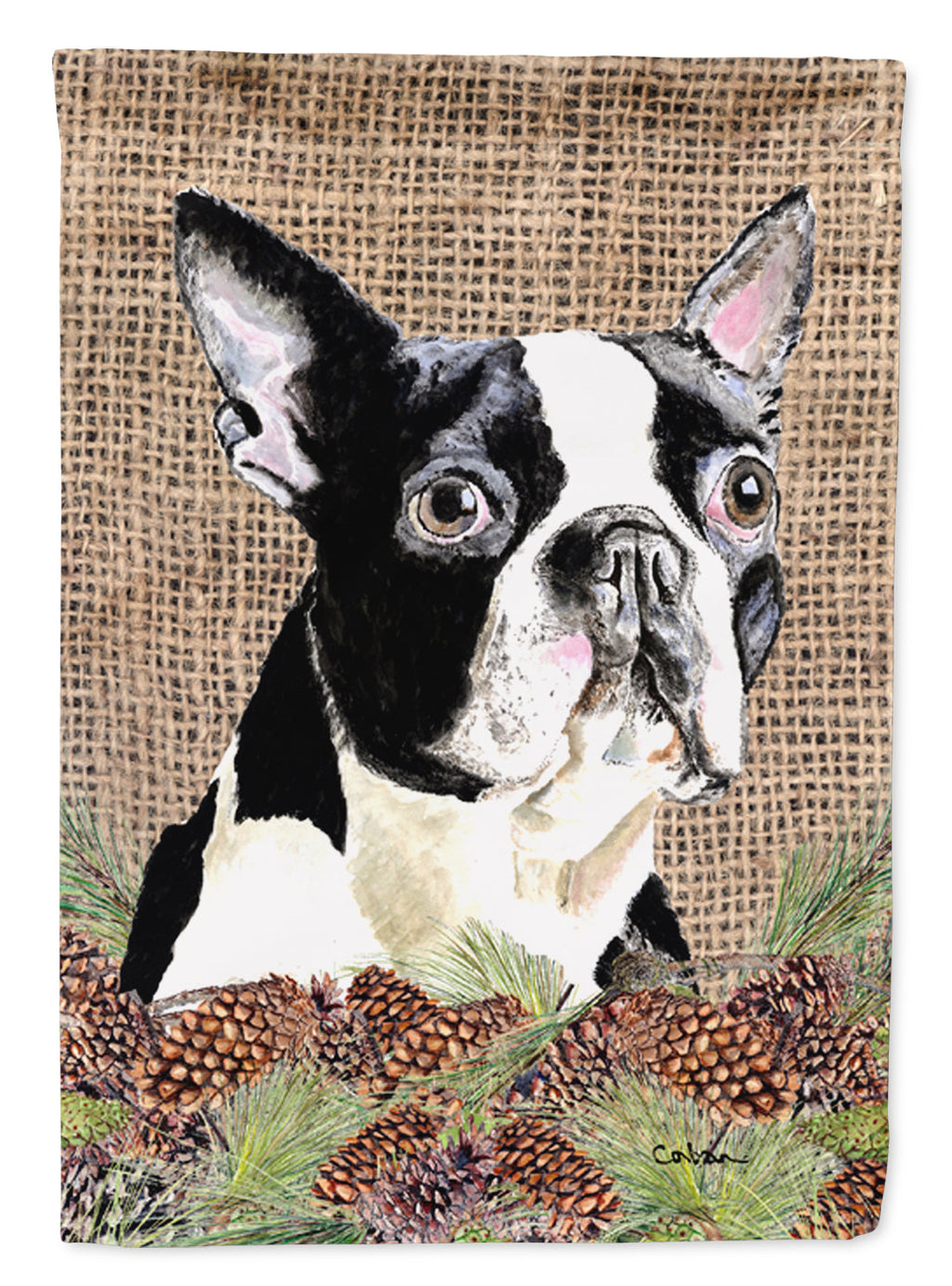 Boston Terrier Faux Burlap and Pine cones House Flag 28x40 Porch Sleeve Pole Decorative Outside Yard Banner Artwork Wall Hanging, Polyester