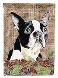 Boston Terrier Faux Burlap and Pine cones House Flag 28x40 Porch Sleeve Pole Decorative Outside Yard Banner Artwork Wall Hanging, Polyester