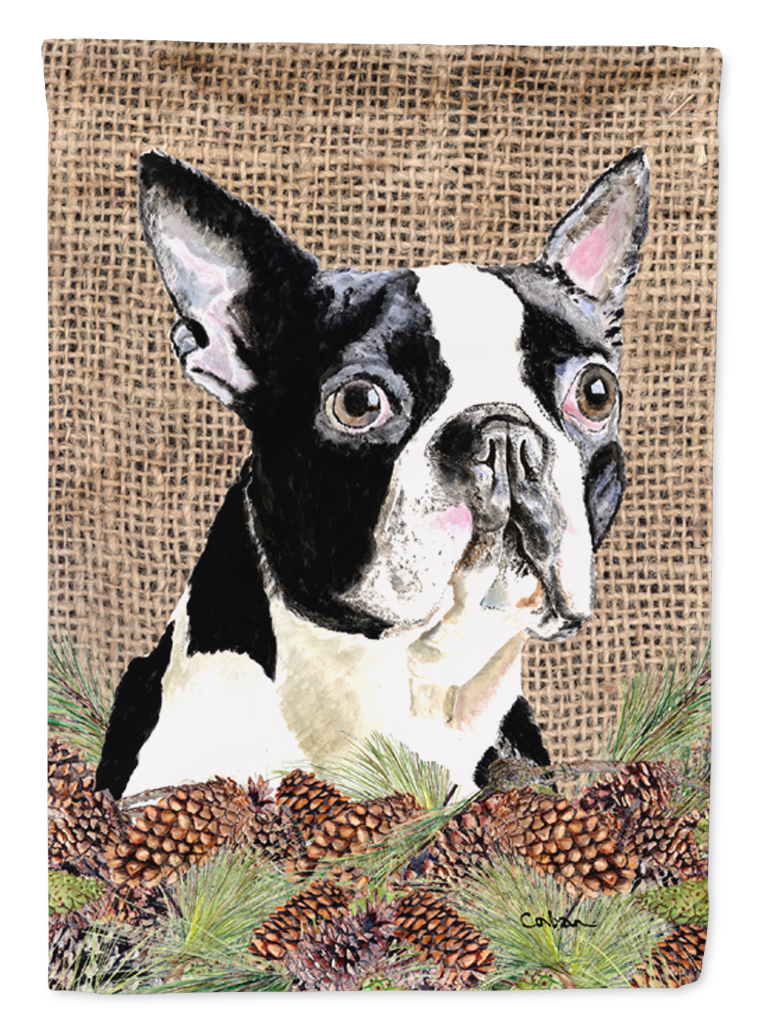 Boston Terrier Faux Burlap and Pine cones House Flag 28x40 Porch Sleeve Pole Decorative Outside Yard Banner Artwork Wall Hanging, Polyester