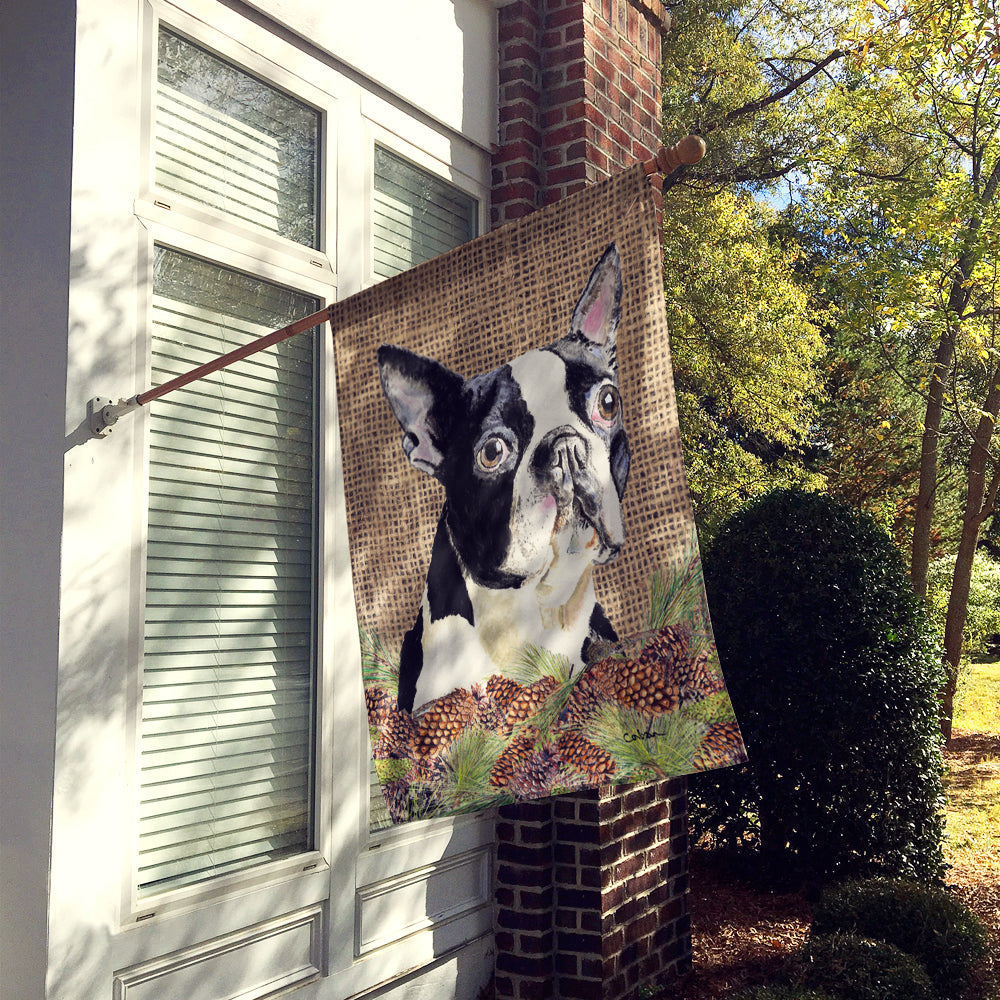 Boston Terrier Faux Burlap and Pine cones House Flag 28x40 Porch Sleeve Pole Decorative Outside Yard Banner Artwork Wall Hanging, Polyester