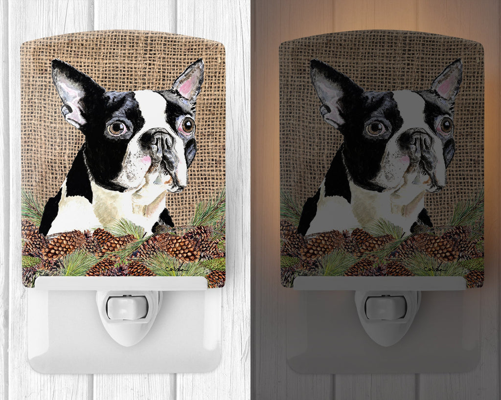 Boston Terrier Faux Burlap and Pine cones Ceramic Night Light Compact, UL-Certified, Ideal for Bedroom, Bathroom, Nursery, Hallway, Kitchen, 6x4x3, Multicolor