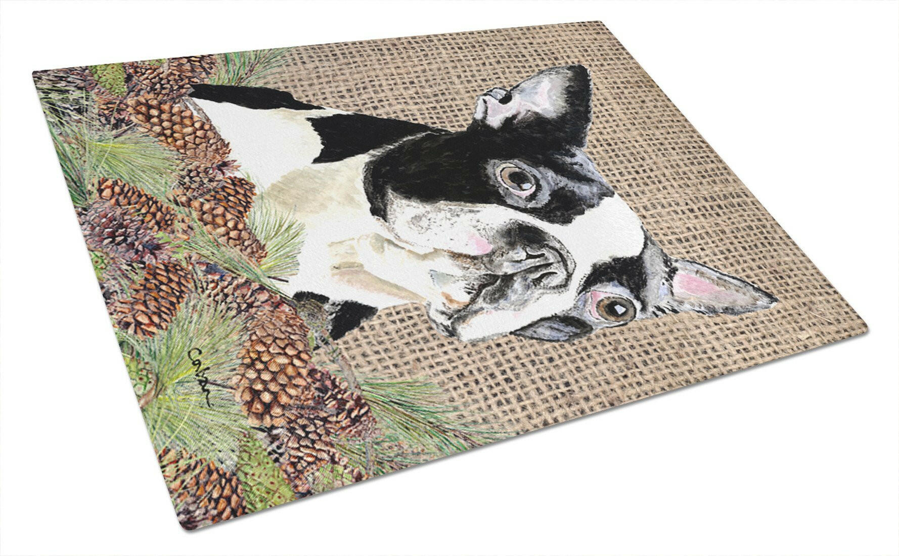 Boston Terrier Faux Burlap and Pine cones Cutting Board Tempered Glass Kitchen Cutting Surface, Heat Resistant Chopping, Non-Slip Feet, Food Prep & Serving