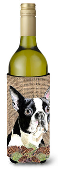 Boston Terrier Faux Burlap and Pine cones Wine Bottle Hugger Gift Sleeve for Standard 750 ml Bottles, Insulated Reusable Also Fits Mini Shot & Pint Bottles