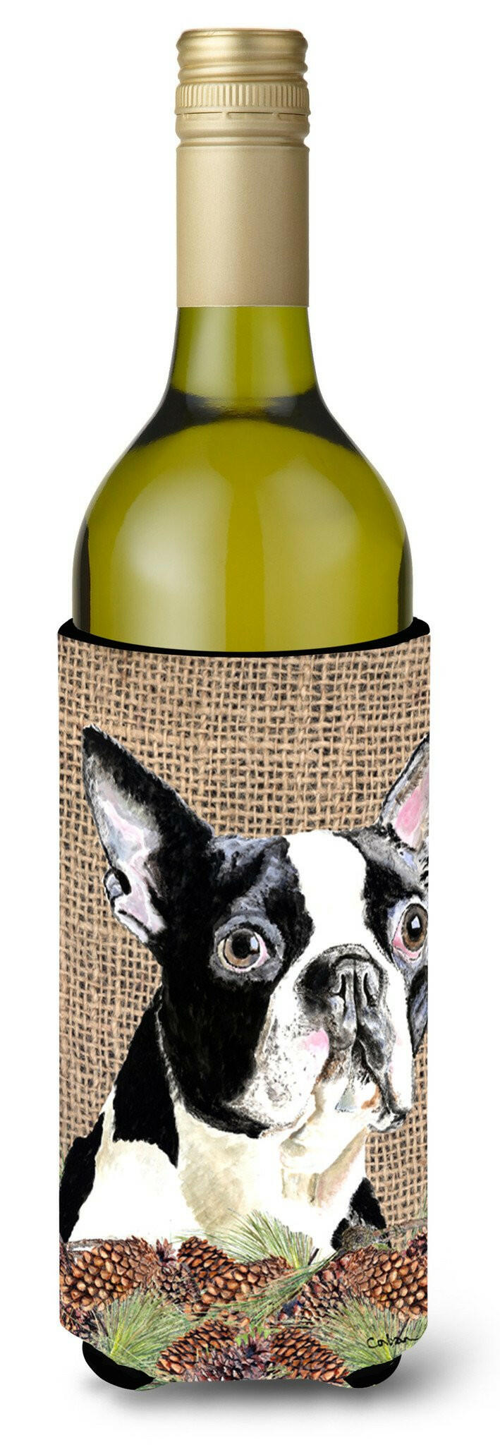 Boston Terrier Faux Burlap and Pine cones Wine Bottle Hugger Gift Sleeve for Standard 750 ml Bottles, Insulated Reusable Also Fits Mini Shot & Pint Bottles