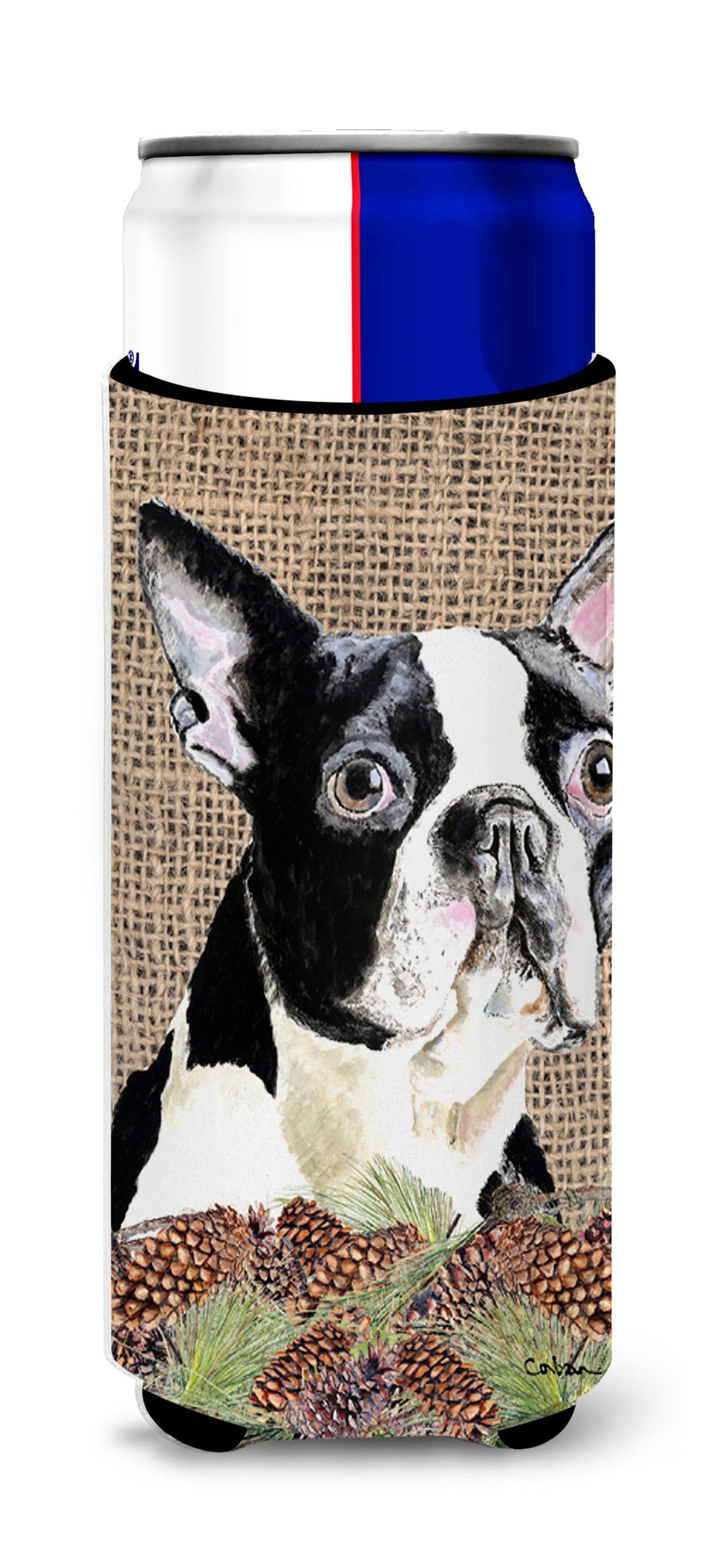 Boston Terrier Faux Burlap and Pine cones Slim Can Hugger , Insulated Foam Hugger for 12 oz Slim Cans, Beer Bottles & Water Bottles, Printed in USA