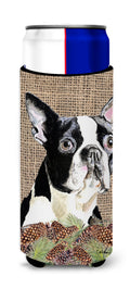 Boston Terrier Faux Burlap and Pine cones Slim Can Hugger , Insulated Foam Hugger for 12 oz Slim Cans, Beer Bottles & Water Bottles, Printed in USA