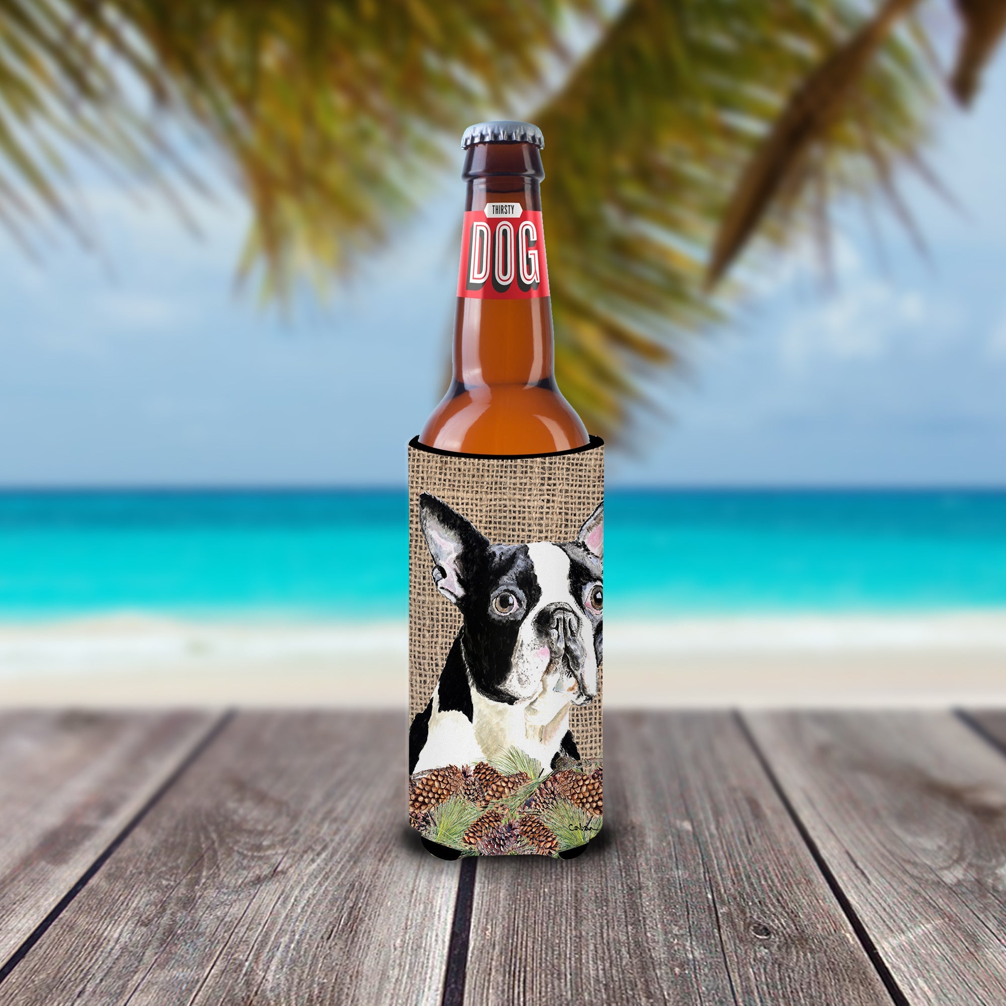 Boston Terrier Faux Burlap and Pine cones Slim Can Hugger , Insulated Foam Hugger for 12 oz Slim Cans, Beer Bottles & Water Bottles, Printed in USA