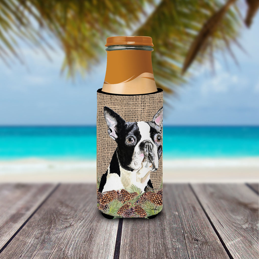 Boston Terrier Faux Burlap and Pine cones Slim Can Hugger , Insulated Foam Hugger for 12 oz Slim Cans, Beer Bottles & Water Bottles, Printed in USA