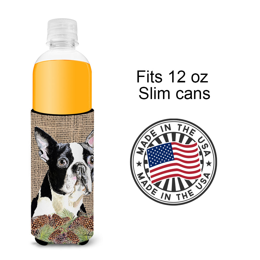 Boston Terrier Faux Burlap and Pine cones Slim Can Hugger , Insulated Foam Hugger for 12 oz Slim Cans, Beer Bottles & Water Bottles, Printed in USA