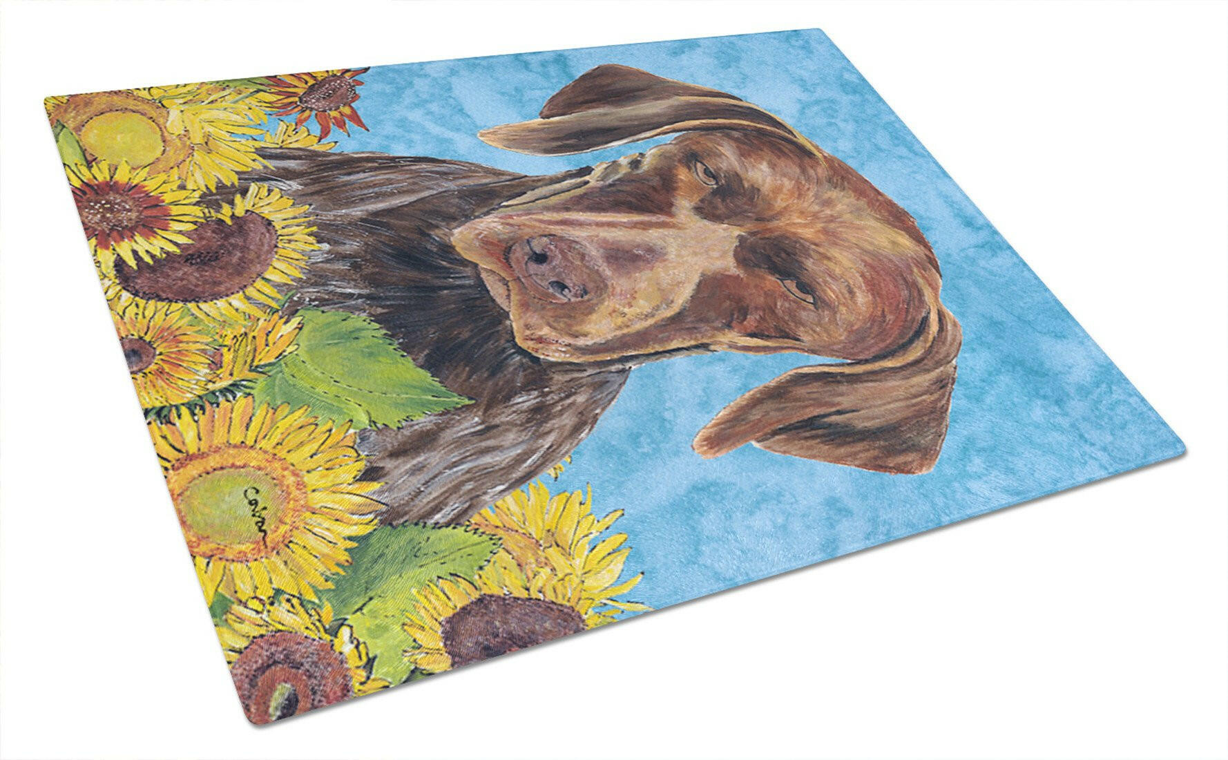 German Shorthaired Pointer in Summer Flowers Cutting Board Tempered Glass Kitchen Cutting Surface, Heat Resistant Chopping, Non-Slip Feet, Food Prep & Serving