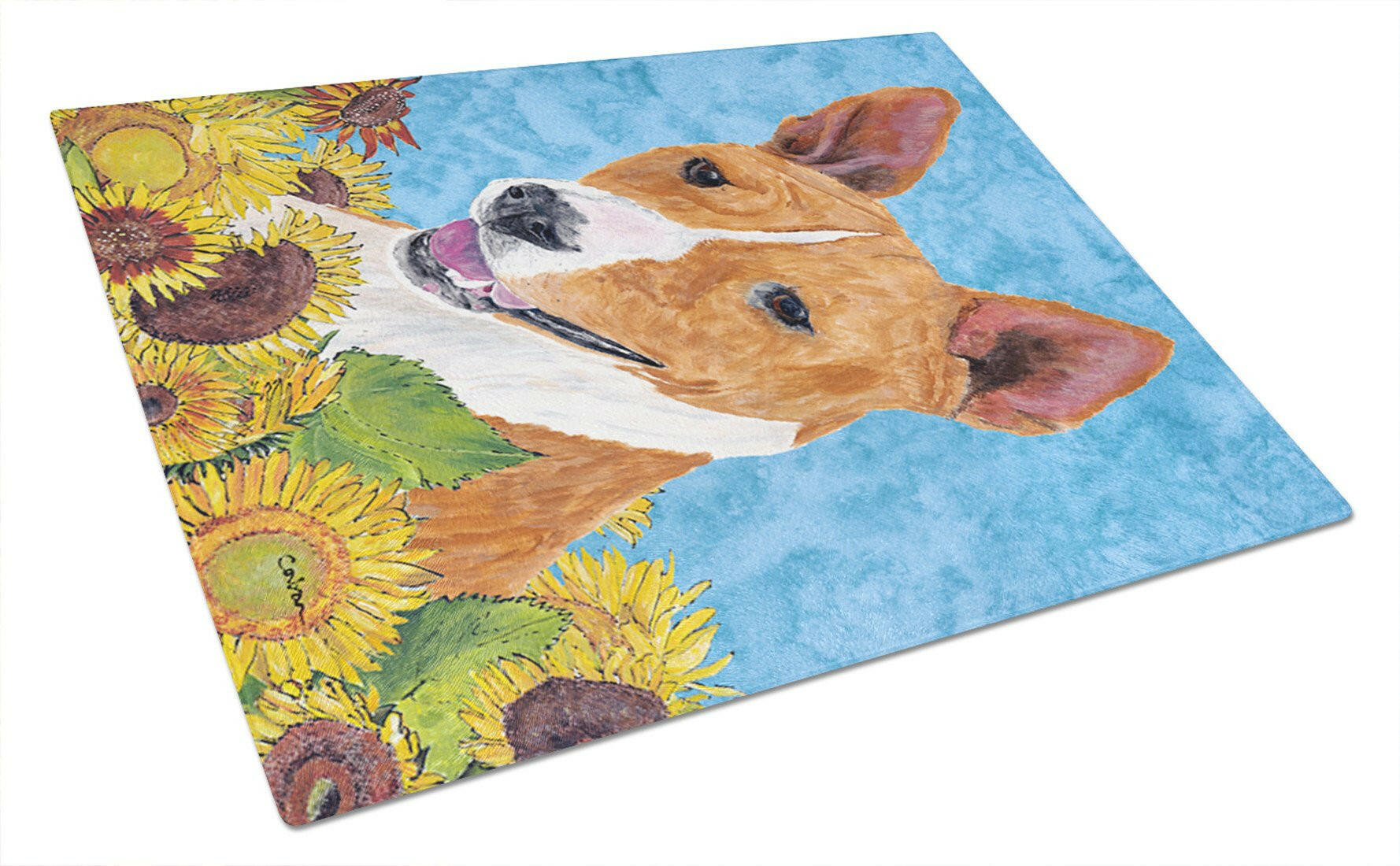 Basenji in Summer Flowers Cutting Board Tempered Glass Kitchen Cutting Surface, Heat Resistant Chopping, Non-Slip Feet, Food Prep & Serving