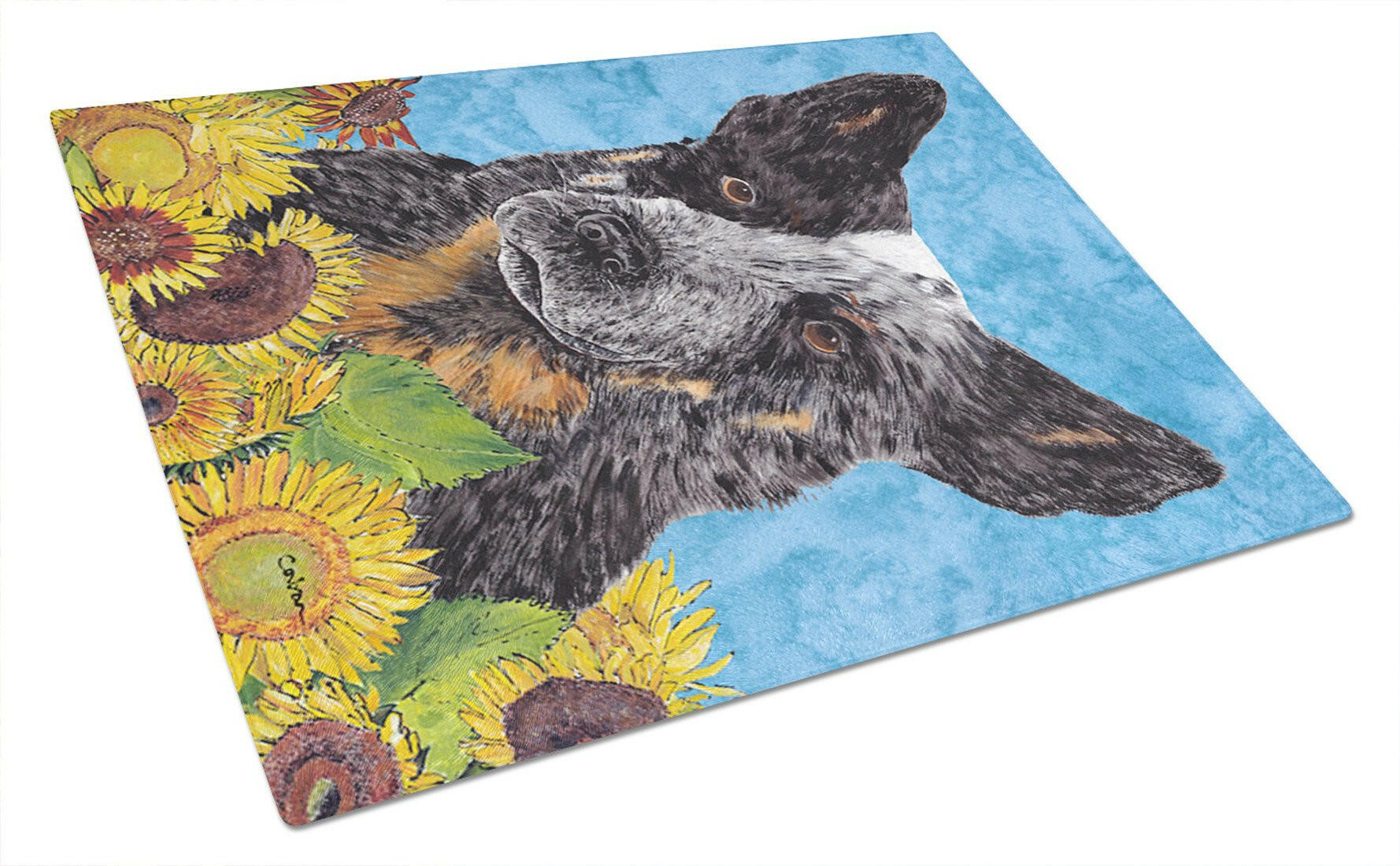 Australian Cattle Dog in Summer Flowers Cutting Board Tempered Glass Kitchen Cutting Surface, Heat Resistant Chopping, Non-Slip Feet, Food Prep & Serving