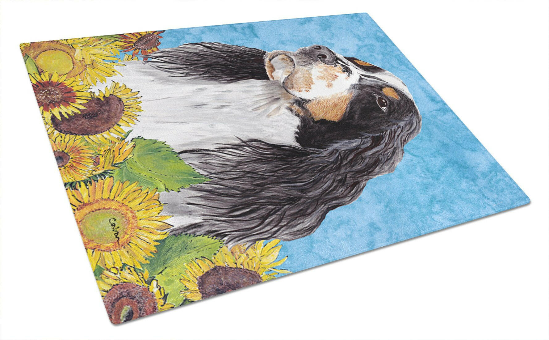 Springer Spaniel in Summer Flowers Cutting Board Tempered Glass Kitchen Cutting Surface, Heat Resistant Chopping, Non-Slip Feet, Food Prep & Serving