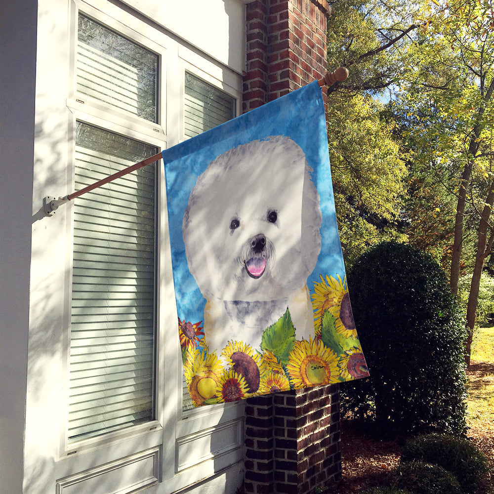 Bichon Frise in Summer Flowers House Flag 28x40 Porch Sleeve Pole Decorative Outside Yard Banner Artwork Wall Hanging, Polyester