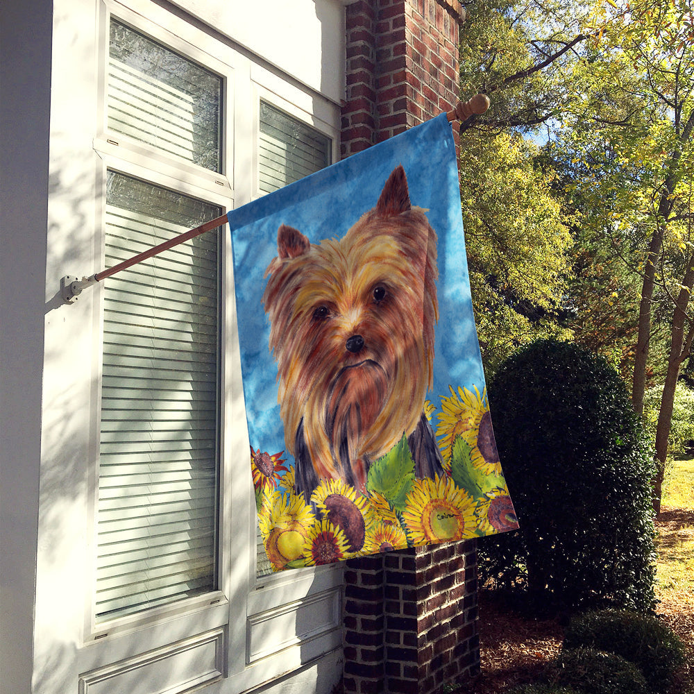 Yorkie in Summer Flowers House Flag 28x40 Porch Sleeve Pole Decorative Outside Yard Banner Artwork Wall Hanging, Polyester