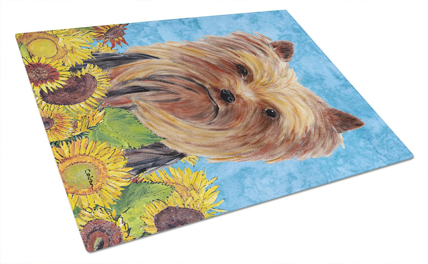 Yorkie in Summer Flowers Cutting Board Tempered Glass Kitchen Cutting Surface, Heat Resistant Chopping, Non-Slip Feet, Food Prep & Serving