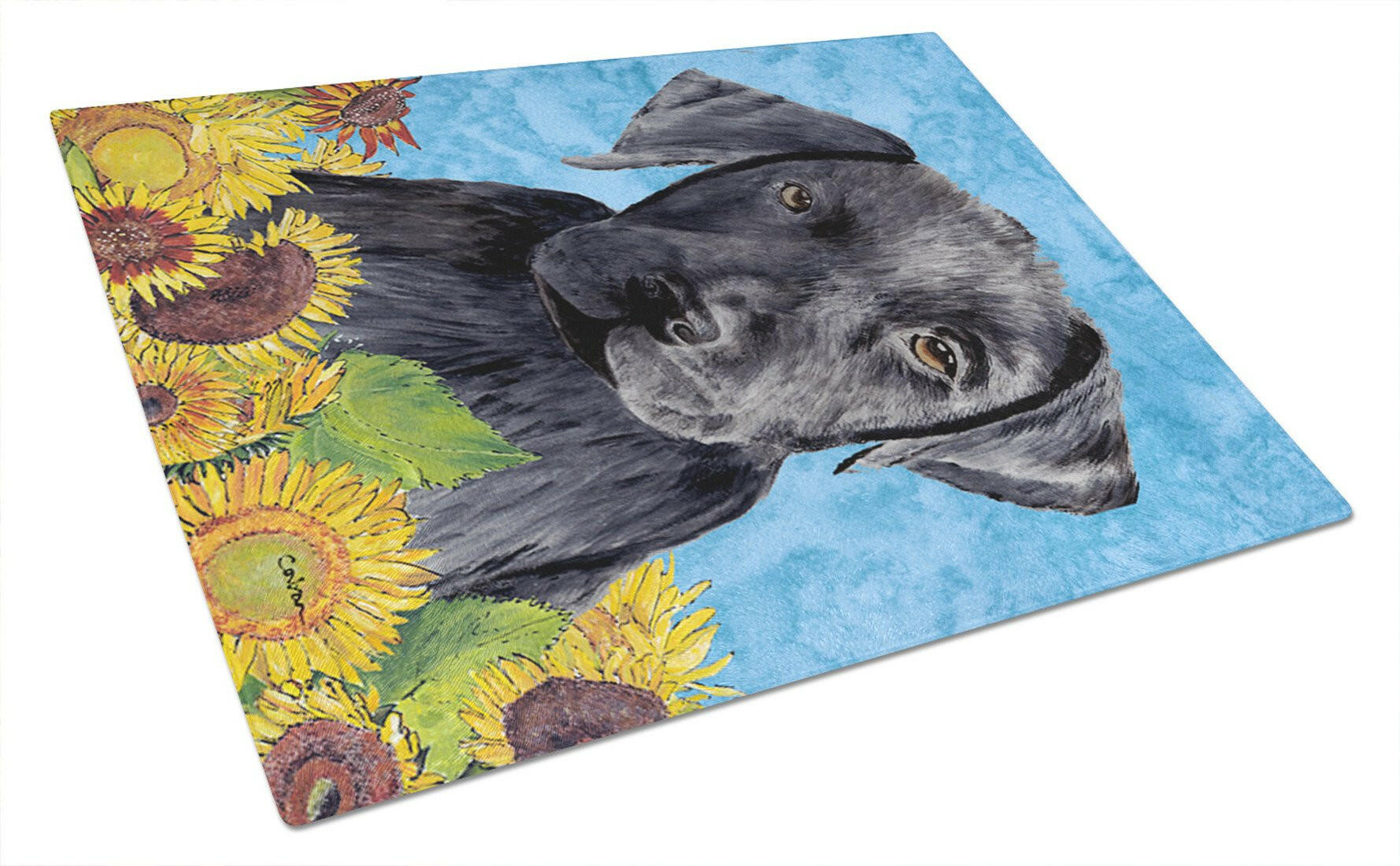 Labrador in Summer Flowers Cutting Board Tempered Glass Kitchen Cutting Surface, Heat Resistant Chopping, Non-Slip Feet, Food Prep & Serving