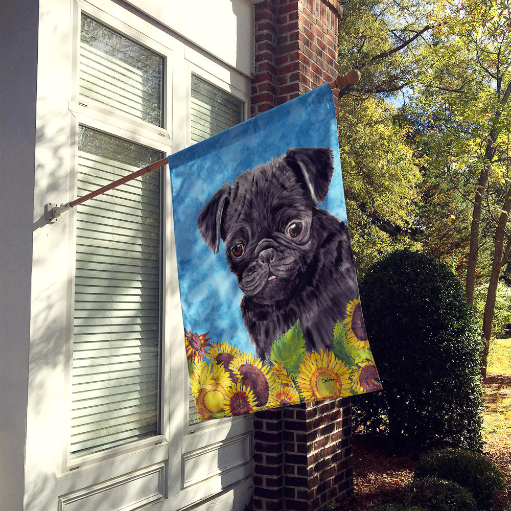 Pug in Summer Flowers House Flag 28x40 Porch Sleeve Pole Decorative Outside Yard Banner Artwork Wall Hanging, Polyester
