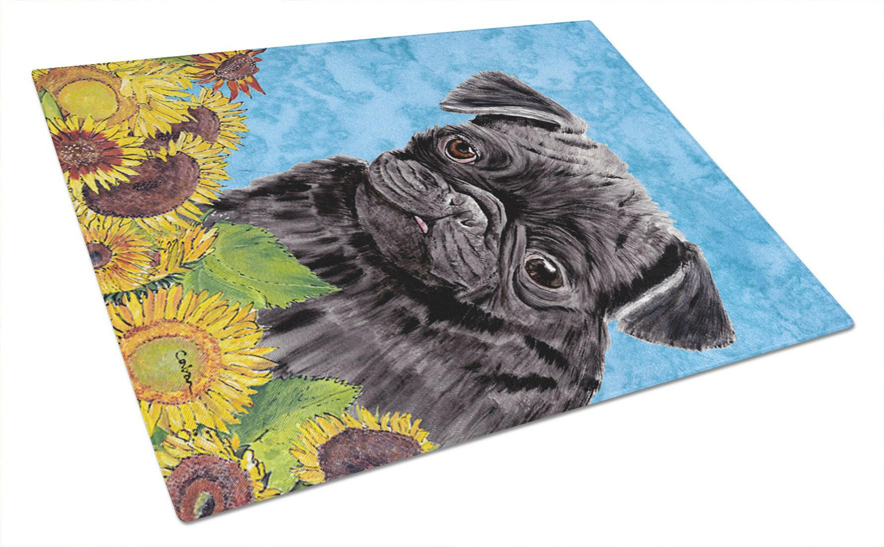 Pug in Summer Flowers Cutting Board Tempered Glass Kitchen Cutting Surface, Heat Resistant Chopping, Non-Slip Feet, Food Prep & Serving