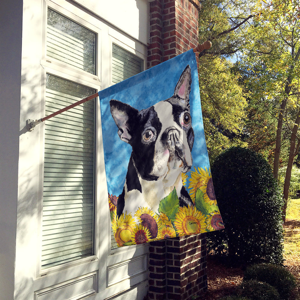 Boston Terrier in Summer Flowers House Flag 28x40 Porch Sleeve Pole Decorative Outside Yard Banner Artwork Wall Hanging, Polyester