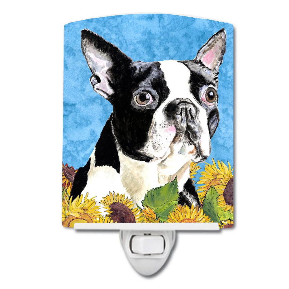 Boston Terrier in Summer Flowers Ceramic Night Light Compact, UL-Certified, Ideal for Bedroom, Bathroom, Nursery, Hallway, Kitchen, 6x4x3, Multicolor
