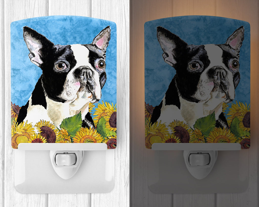 Boston Terrier in Summer Flowers Ceramic Night Light Compact, UL-Certified, Ideal for Bedroom, Bathroom, Nursery, Hallway, Kitchen, 6x4x3, Multicolor