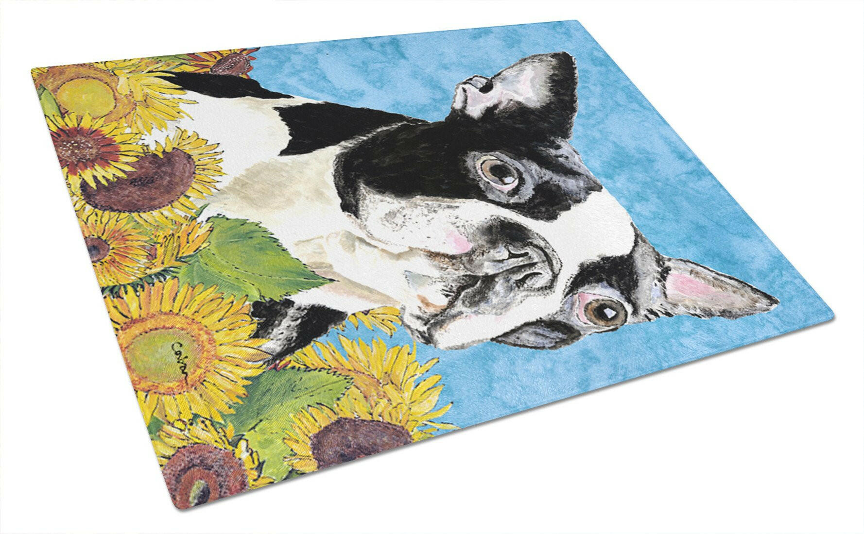 Boston Terrier in Summer Flowers Cutting Board Tempered Glass Kitchen Cutting Surface, Heat Resistant Chopping, Non-Slip Feet, Food Prep & Serving