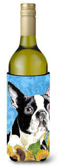 Boston Terrier in Summer Flowers Wine Bottle Hugger Gift Sleeve for Standard 750 ml Bottles, Insulated Reusable Also Fits Mini Shot & Pint Bottles