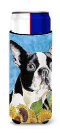 Boston Terrier in Summer Flowers Slim Can Hugger , Insulated Foam Hugger for 12 oz Slim Cans, Beer Bottles & Water Bottles, Printed in USA