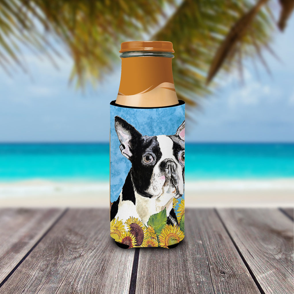 Boston Terrier in Summer Flowers Slim Can Hugger , Insulated Foam Hugger for 12 oz Slim Cans, Beer Bottles & Water Bottles, Printed in USA