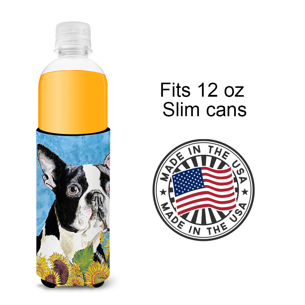 Boston Terrier in Summer Flowers Slim Can Hugger , Insulated Foam Hugger for 12 oz Slim Cans, Beer Bottles & Water Bottles, Printed in USA