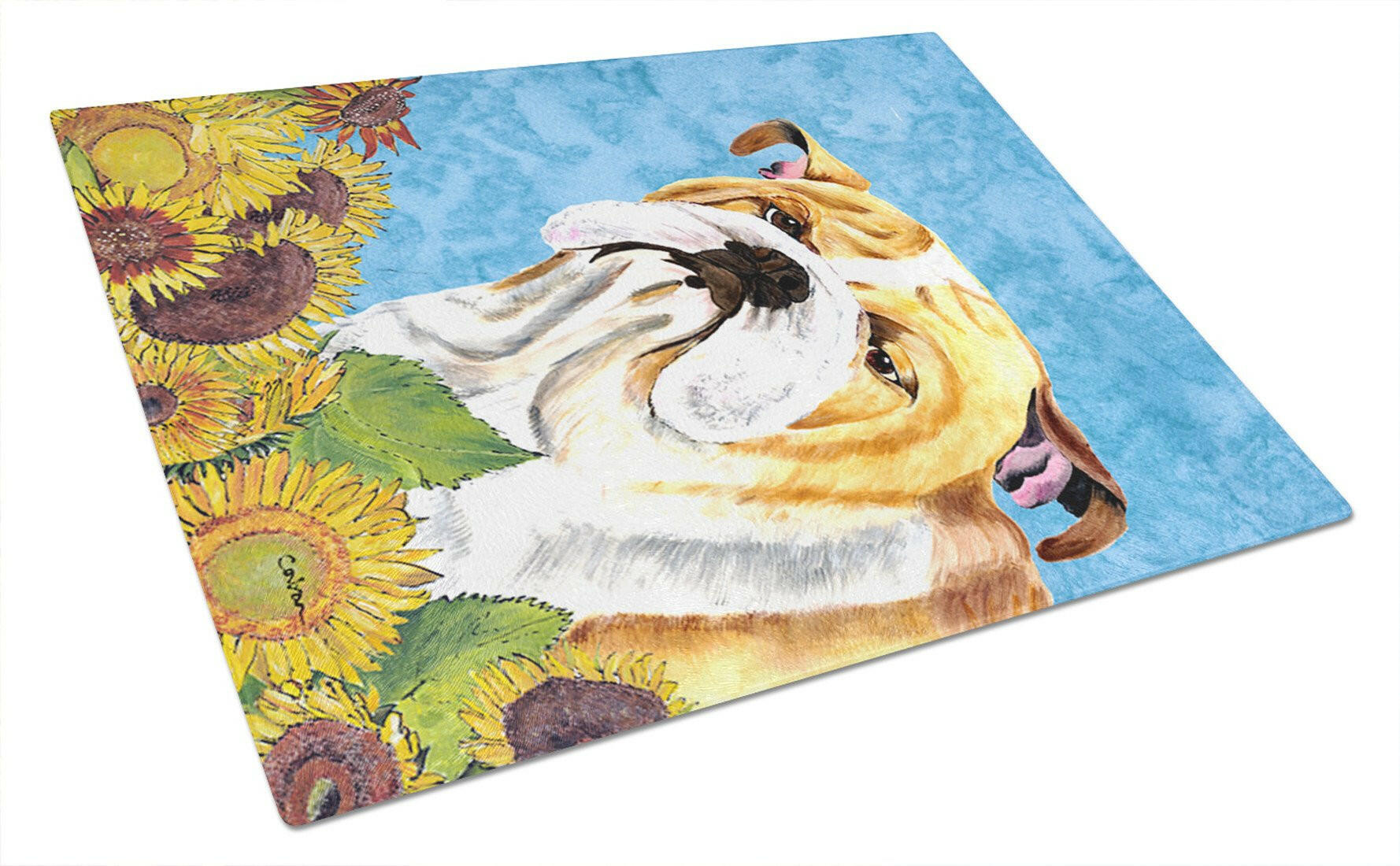 Bulldog English in Summer Flowers Cutting Board Tempered Glass Kitchen Cutting Surface, Heat Resistant Chopping, Non-Slip Feet, Food Prep & Serving