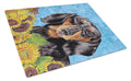 Dachshund in Summer Flowers Cutting Board Tempered Glass Kitchen Cutting Surface, Heat Resistant Chopping, Non-Slip Feet, Food Prep & Serving
