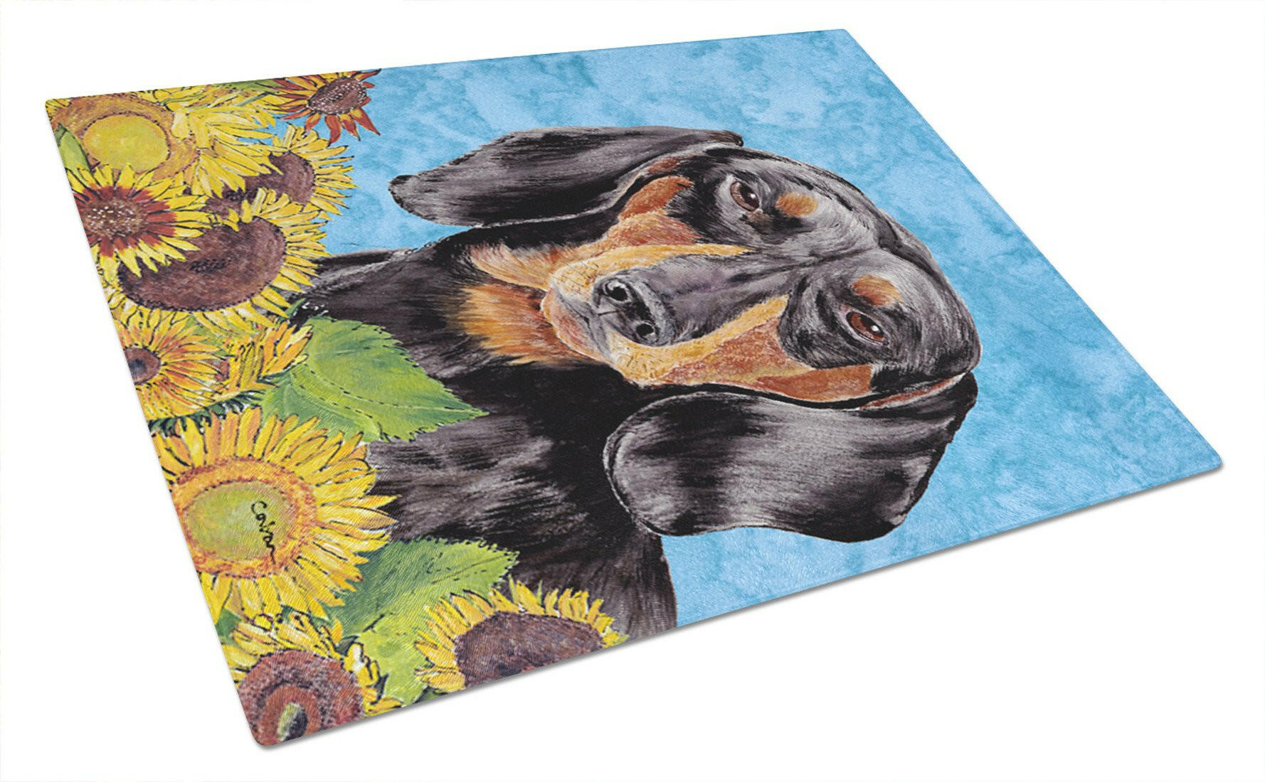 Dachshund in Summer Flowers Cutting Board Tempered Glass Kitchen Cutting Surface, Heat Resistant Chopping, Non-Slip Feet, Food Prep & Serving