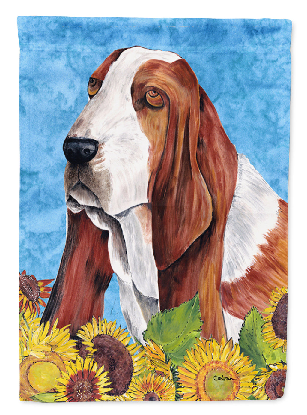 Basset Hound in Summer Flowers House Flag 28x40 Porch Sleeve Pole Decorative Outside Yard Banner Artwork Wall Hanging, Polyester