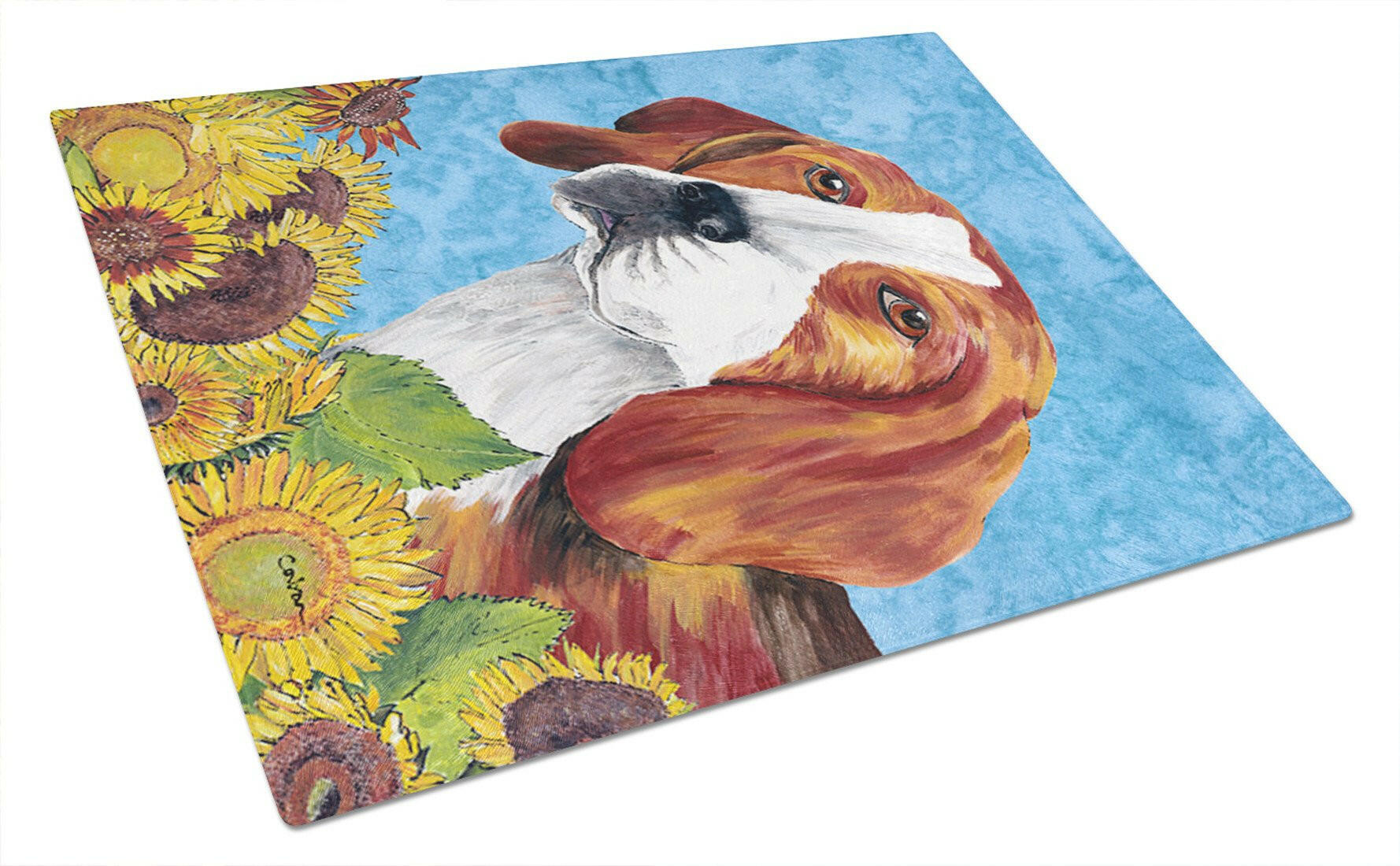 Beagle in Summer Flowers Cutting Board Tempered Glass Kitchen Cutting Surface, Heat Resistant Chopping, Non-Slip Feet, Food Prep & Serving