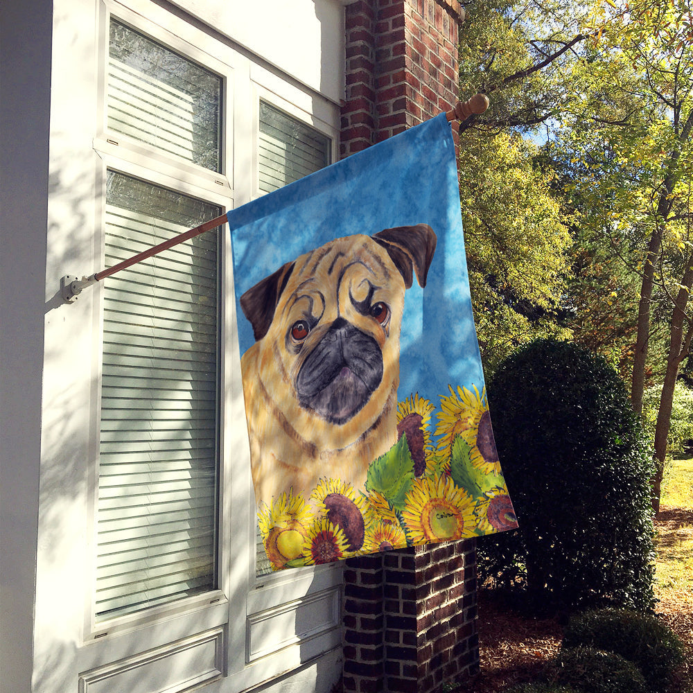 Pug in Summer Flowers House Flag 28x40 Porch Sleeve Pole Decorative Outside Yard Banner Artwork Wall Hanging, Polyester
