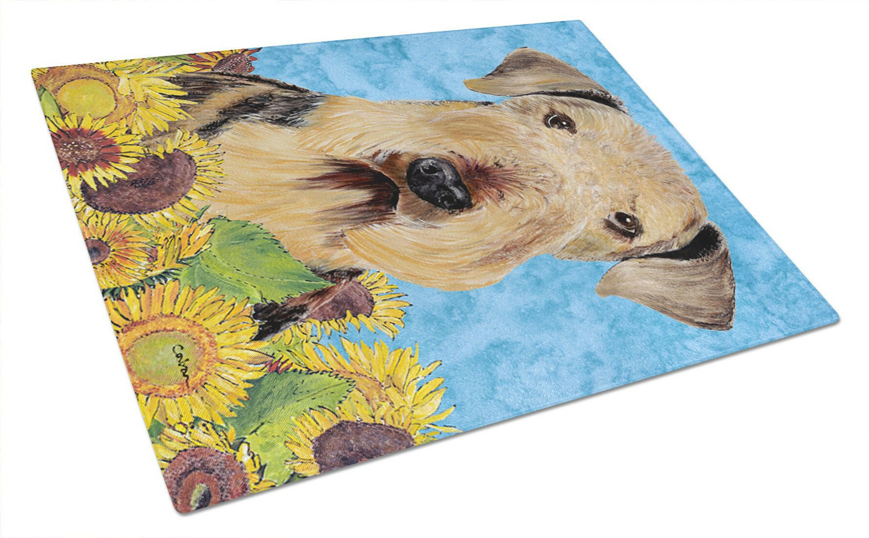 Airedale in Summer Flowers Cutting Board Tempered Glass Kitchen Cutting Surface, Heat Resistant Chopping, Non-Slip Feet, Food Prep & Serving