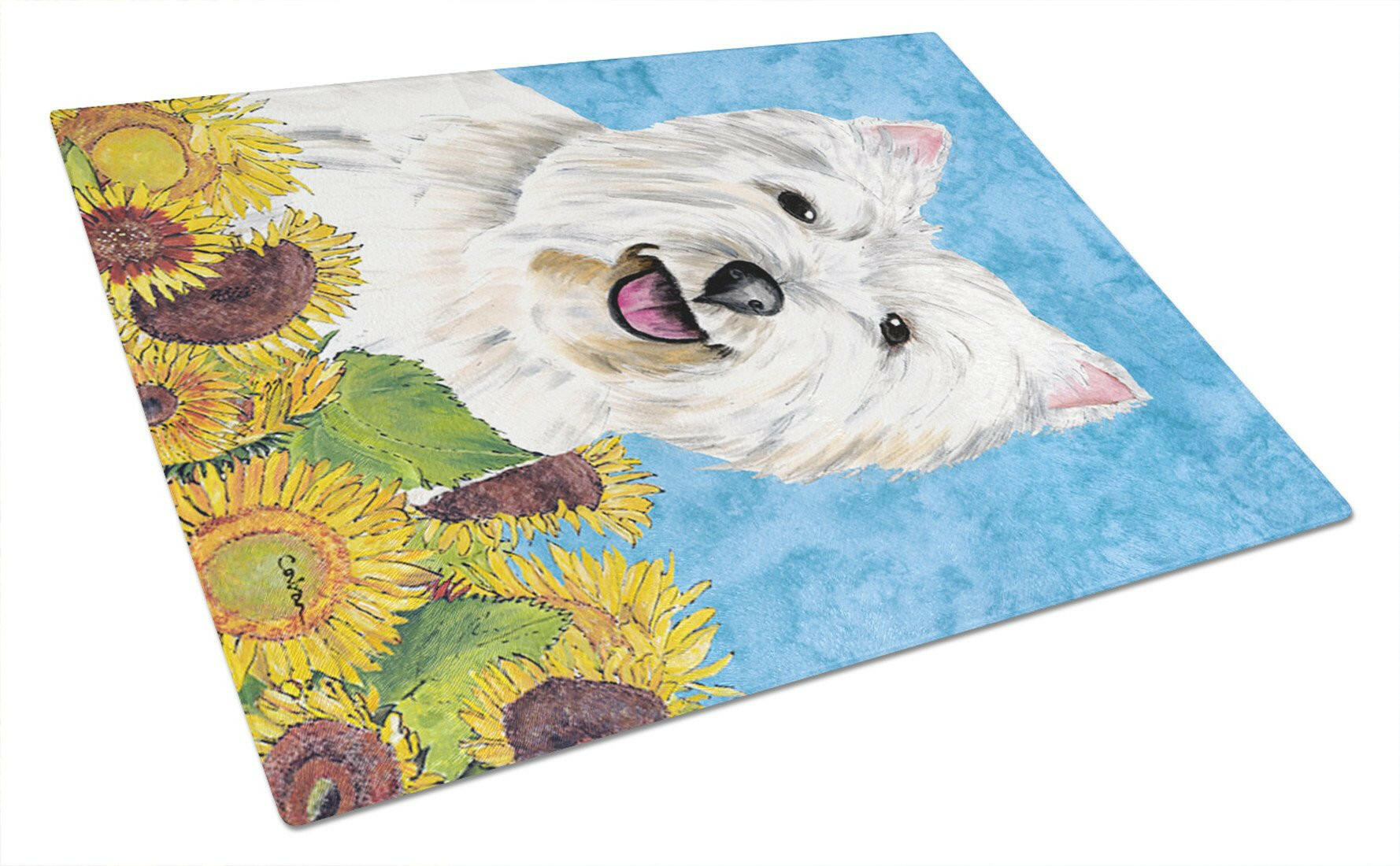 Westie in Summer Flowers Cutting Board Tempered Glass Kitchen Cutting Surface, Heat Resistant Chopping, Non-Slip Feet, Food Prep & Serving