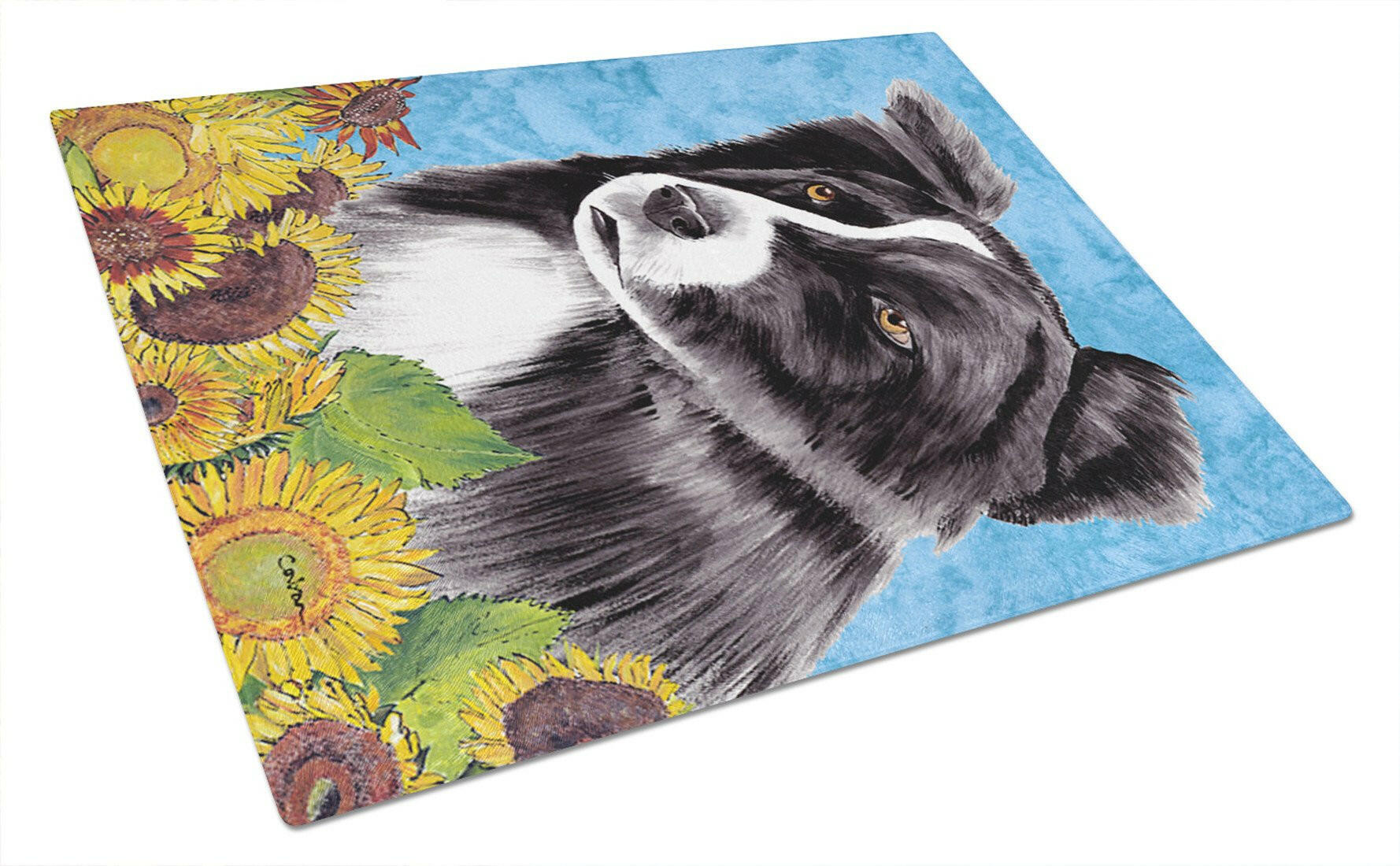 Border Collie in Summer Flowers Cutting Board Tempered Glass Kitchen Cutting Surface, Heat Resistant Chopping, Non-Slip Feet, Food Prep & Serving