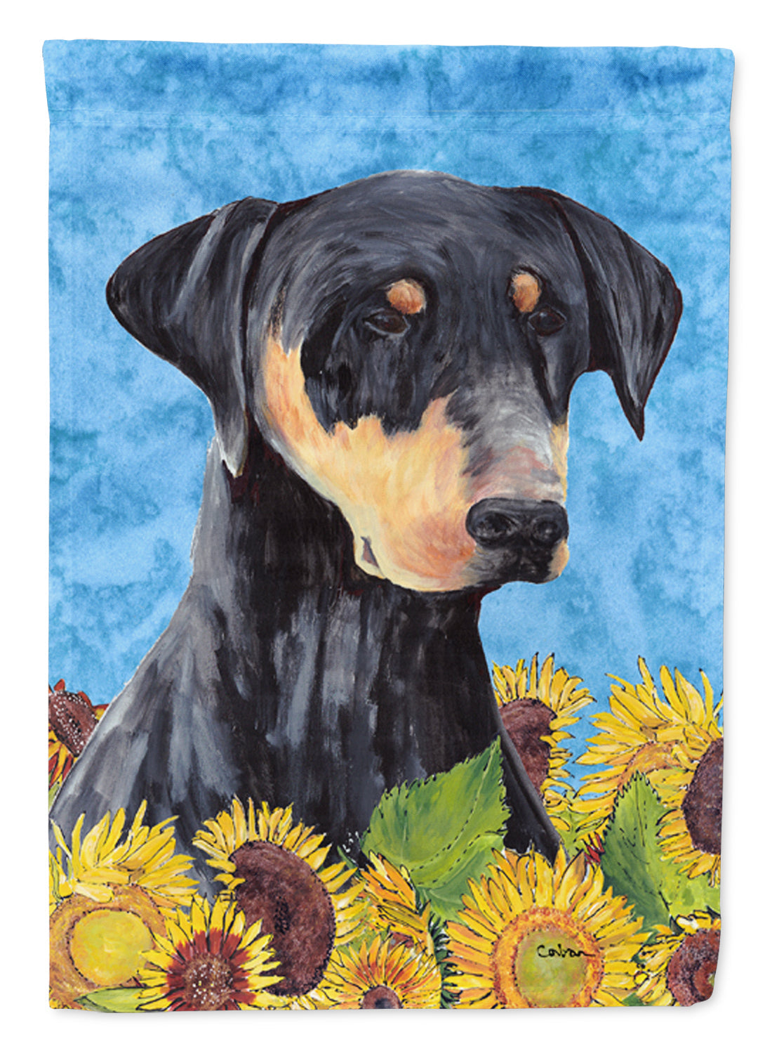 Doberman in Summer Flowers House Flag 28x40 Porch Sleeve Pole Decorative Outside Yard Banner Artwork Wall Hanging, Polyester