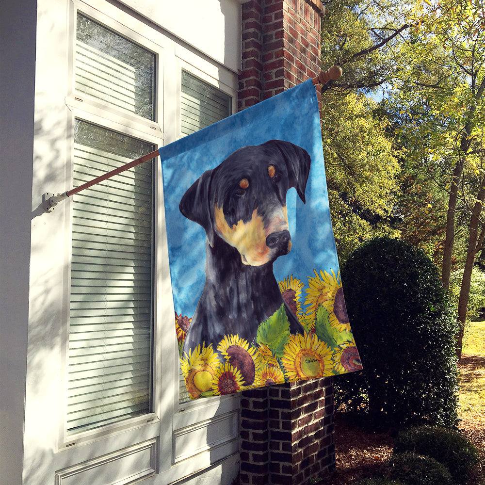 Doberman in Summer Flowers House Flag 28x40 Porch Sleeve Pole Decorative Outside Yard Banner Artwork Wall Hanging, Polyester