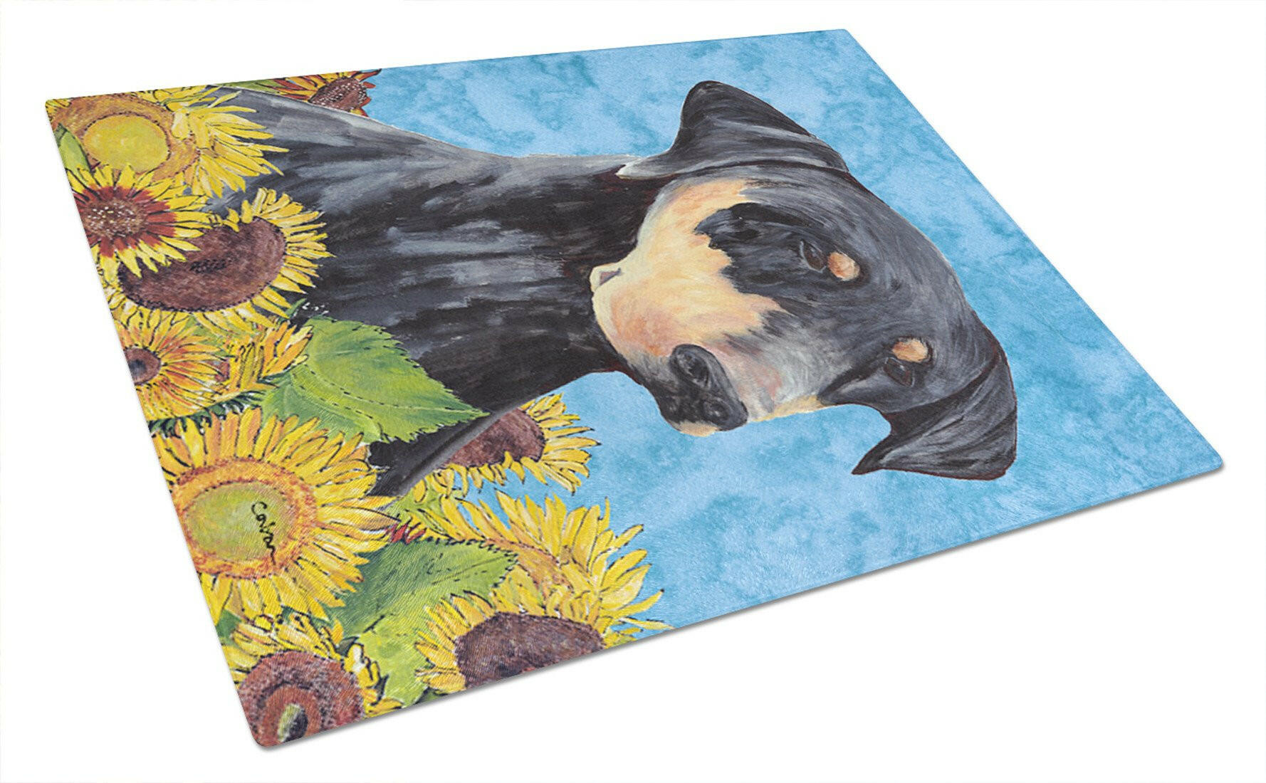 Doberman in Summer Flowers Cutting Board Tempered Glass Kitchen Cutting Surface, Heat Resistant Chopping, Non-Slip Feet, Food Prep & Serving